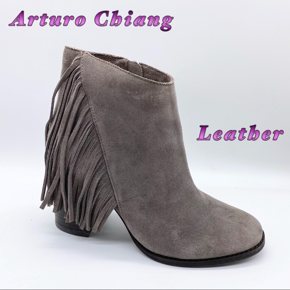 Arturo Chiang-Taupe Tan Leather fringe heel ankle bootie 7